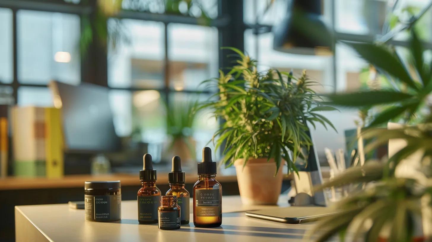 a sleek, modern office workspace features a stylish arrangement of various premium cbd products on a polished desk, radiating professionalism and clarity while evoking a sense of calm and focus perfect for discussing anxiety management solutions.