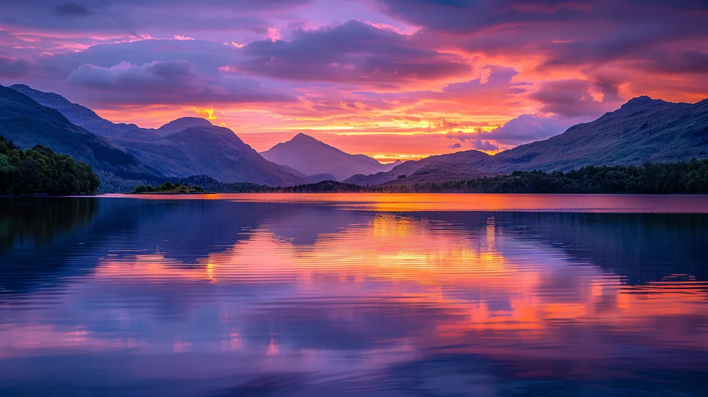 a vibrant sunset casts brilliant hues of orange and purple across a tranquil lake, where majestic mountains rise dramatically in the background, reflecting the captivating colors of the sky. a vibrant sunset casts brilliant hues of orange and purple across a tranquil lake, where majestic mountains rise dramatically in the background, reflecting the captivating colors of the sky.