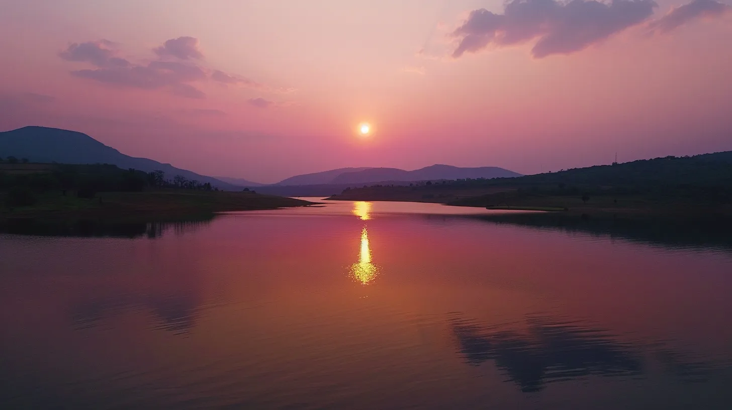 a vibrant sunset casts golden and pink hues over a tranquil lake, reflecting the silhouette of a serene mountain range in the distance. a vibrant sunset casts golden and pink hues over a tranquil lake, reflecting the silhouette of a serene mountain range in the distance.
