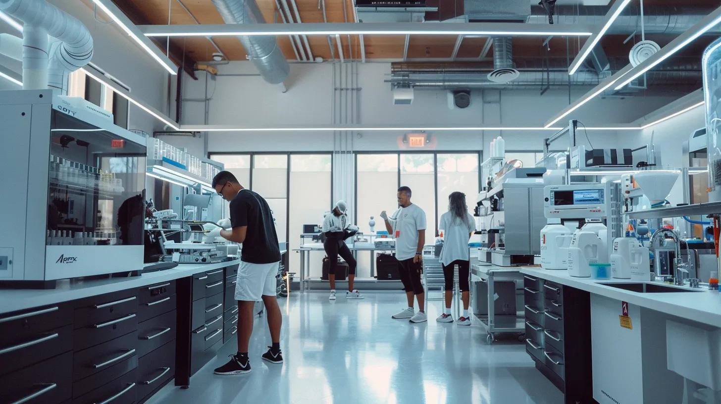 a focused, dynamic indoor scene in a modern laboratory showcases a diverse group of athletes evaluating apex performance labs' sleek cbd product packaging, surrounded by high-tech equipment and vibrant performance energy that emphasizes the brand's commitment to purity and efficacy. a focused, dynamic indoor scene in a modern laboratory showcases a diverse group of athletes evaluating apex performance labs' sleek cbd product packaging, surrounded by high-tech equipment and vibrant performance energy that emphasizes the brand's commitment to purity and efficacy.