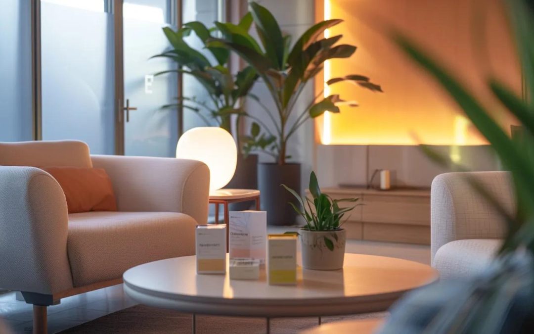 a modern, serene office space with a cozy seating area showcasing elegantly packaged cbd anxiety gummies on a stylish coffee table, illuminated by soft, warm lighting to evoke a sense of calm and relaxation.