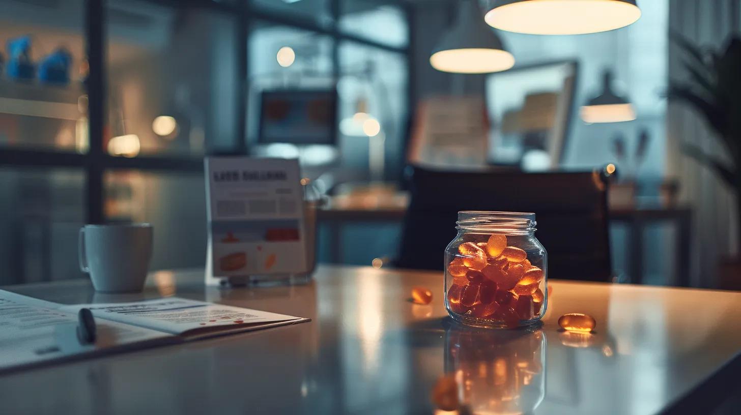a modern, sleek office workspace features a stylish glass jar of relaxation gummies prominently displayed on a polished desk, alongside an open informational pamphlet highlighting safe dosage guidelines under warm, inviting overhead lights. a modern, sleek office workspace features a stylish glass jar of relaxation gummies prominently displayed on a polished desk, alongside an open informational pamphlet highlighting safe dosage guidelines under warm, inviting overhead lights.