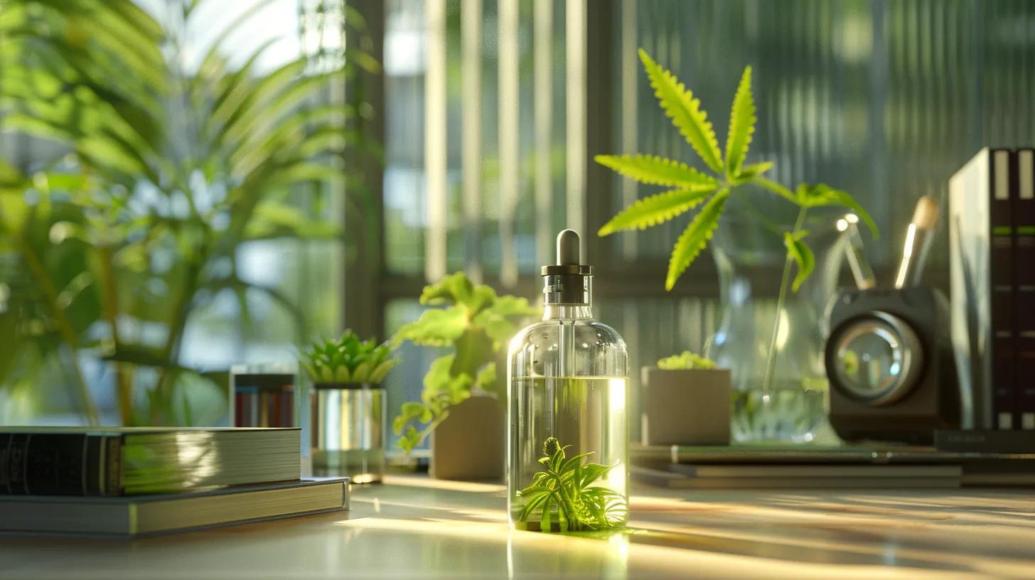 a sleek, modern office setting features a sophisticated glass bottle of sweat cbd prominently displayed on a polished wooden desk, surrounded by high-tech devices and wellness-related books, emphasizing its role in promoting health and homeostasis.