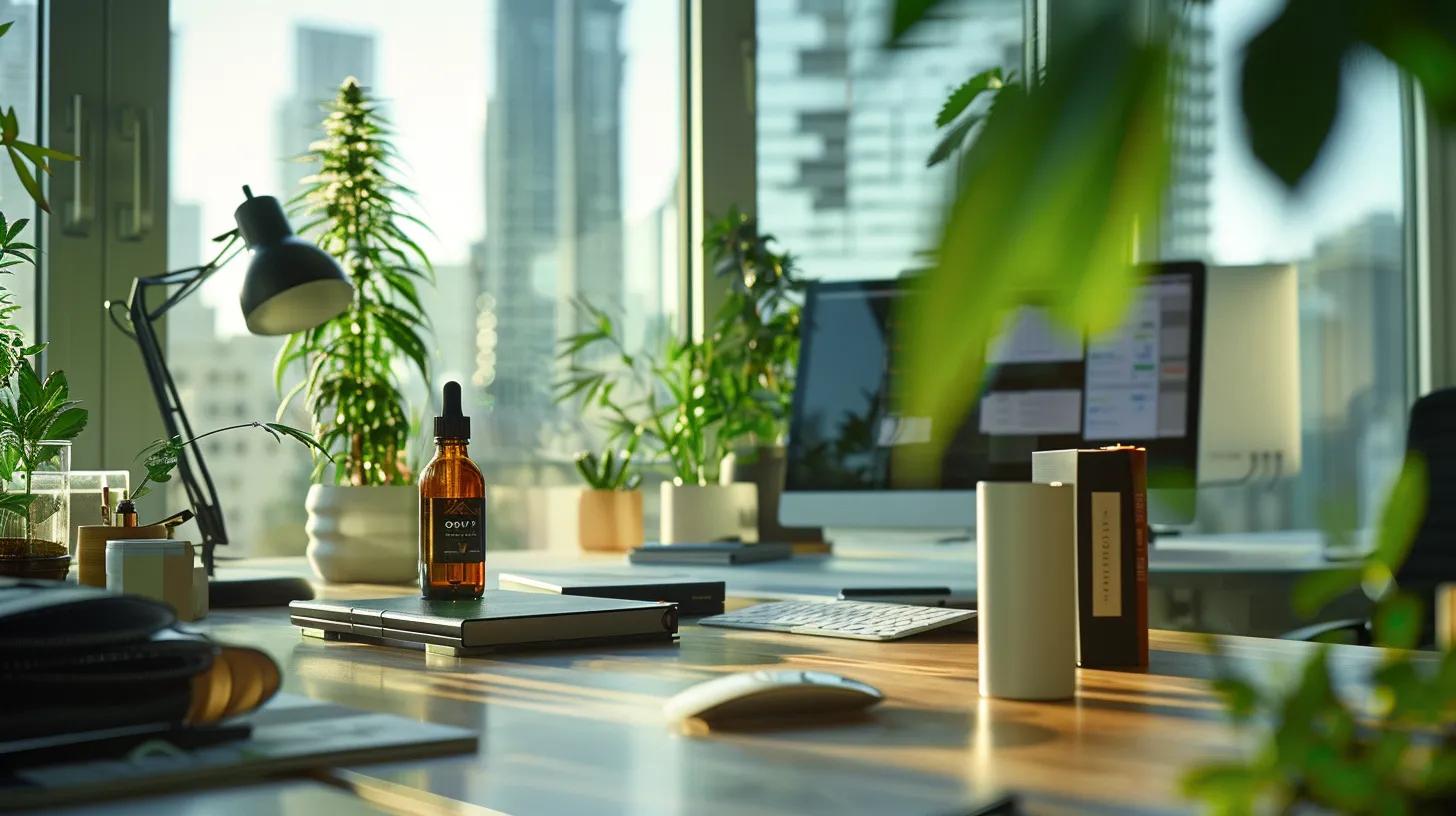 a sleek office space showcases a modern workstation with a bottle of sweat cbd prominently displayed alongside wellness literature, emphasizing its role as a sophisticated alternative to conventional recovery methods.