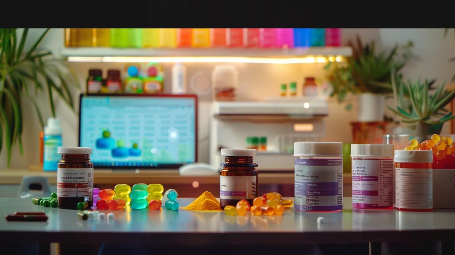a sleek office workspace features an array of colorful sweat cbd gummies 300mg displayed prominently on a polished desk, juxtaposed with a laptop showcasing lab reports and customer reviews on the screen, illuminated by balanced, warm interior lighting.