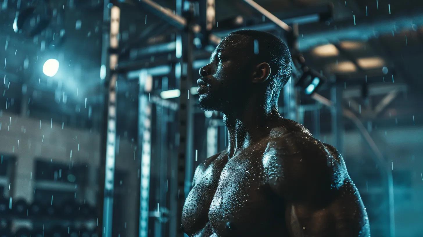 an athletic figure, drenched in sweat, triumphant and energized, stands in a modern gym surrounded by high-tech exercise equipment, emphasizing the dynamic impact of cbd on sports performance.