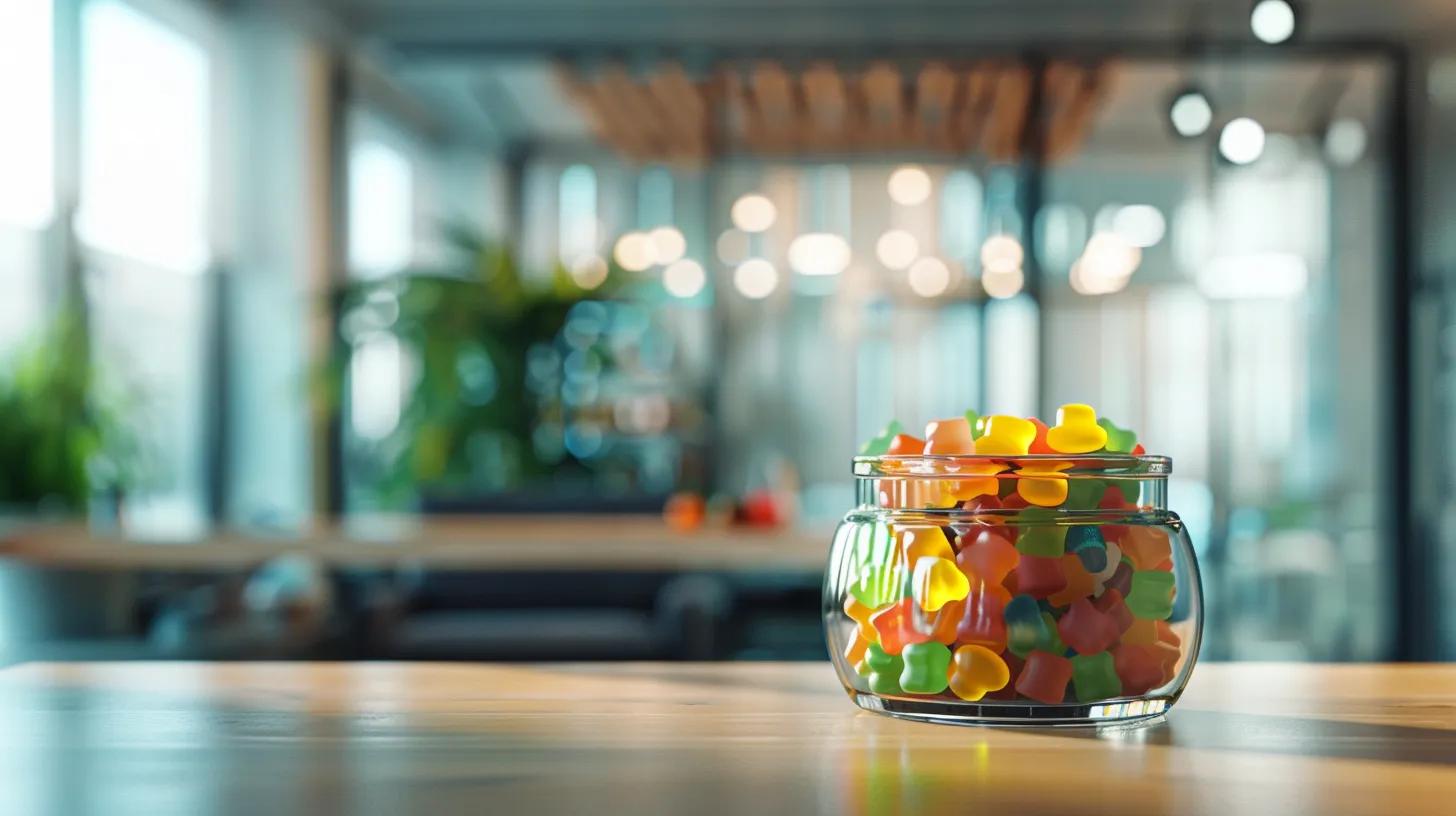 a clean, modern office setting showcases a sleek glass jar filled with colorful cbd gummies, capturing the vibrant hues of the candies against a backdrop of minimalist decor and soft, warm lighting to emphasize their appeal in wellness discussions.