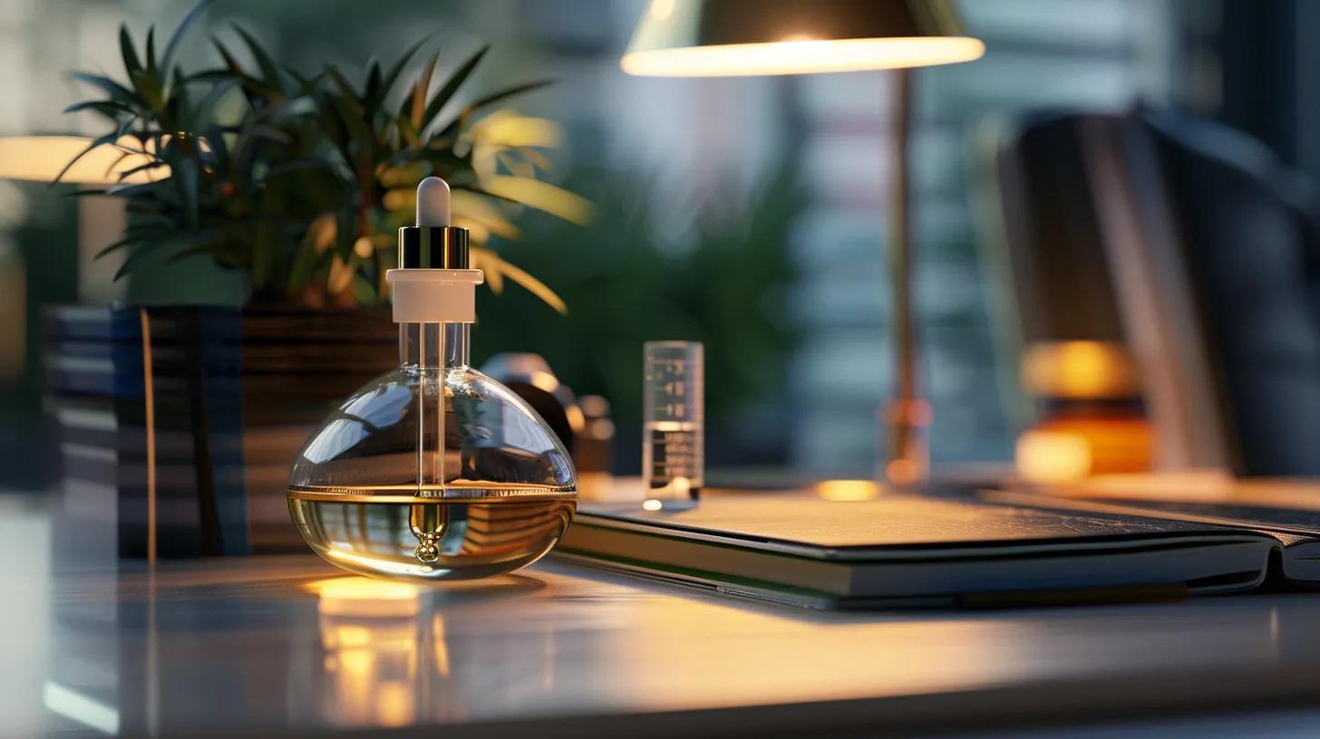 a close-up of a sleek, modern office desk featuring an elegant glass dropper bottle of cbd oil, accompanied by a sophisticated notebook and a precision measuring device, all illuminated by focused soft lighting to emphasize a sense of careful deliberation and professionalism in dosage management.