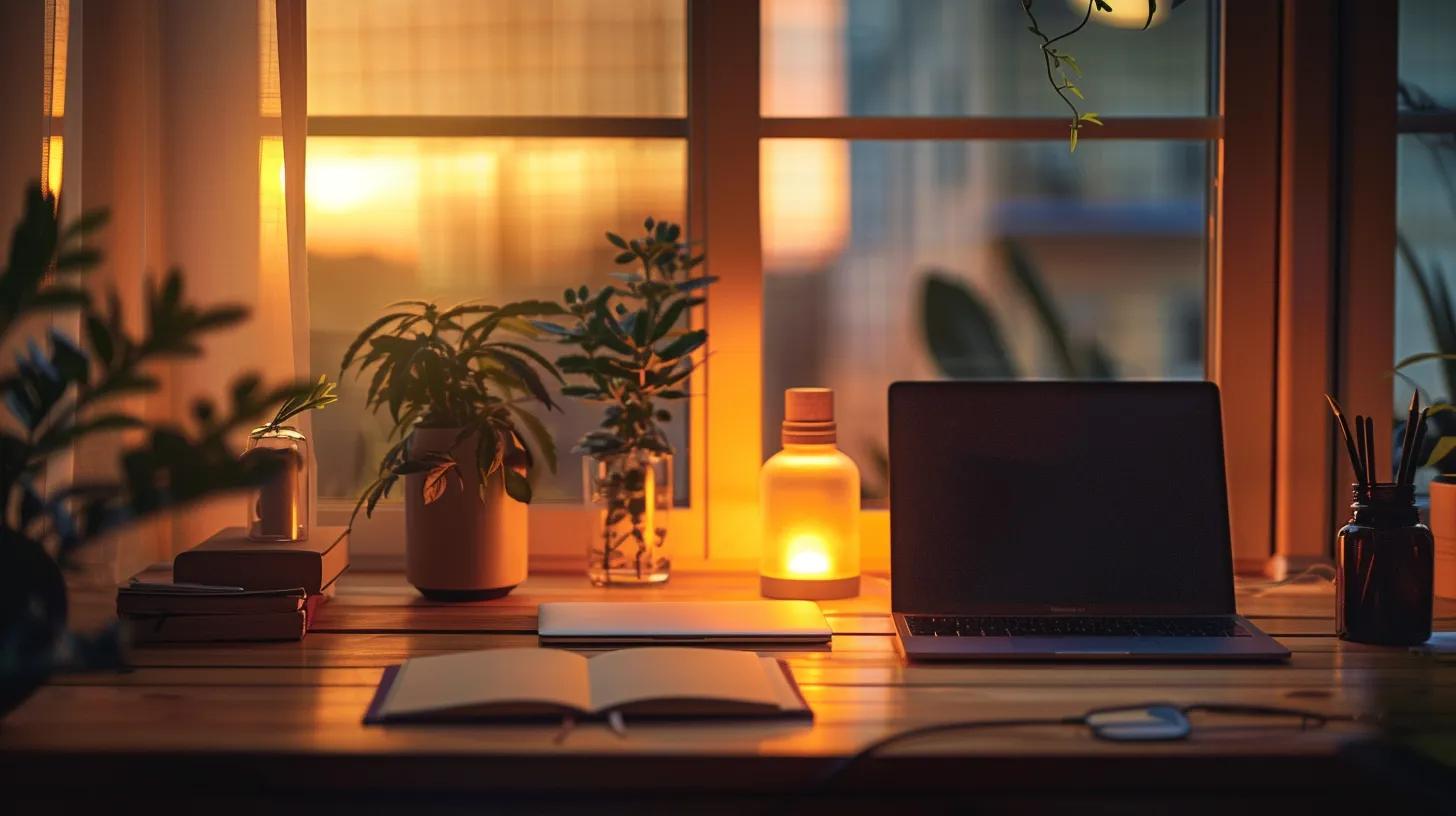 a contemporary office space features a sleek desk with a high-quality cbd oil bottle prominently displayed, surrounded by stress management tools like a journal, a calming diffuser, and a stylish laptop, all illuminated by soft, warm lighting to create a serene and productive atmosphere. a contemporary office space features a sleek desk with a high-quality cbd oil bottle prominently displayed, surrounded by stress management tools like a journal, a calming diffuser, and a stylish laptop, all illuminated by soft, warm lighting to create a serene and productive atmosphere.