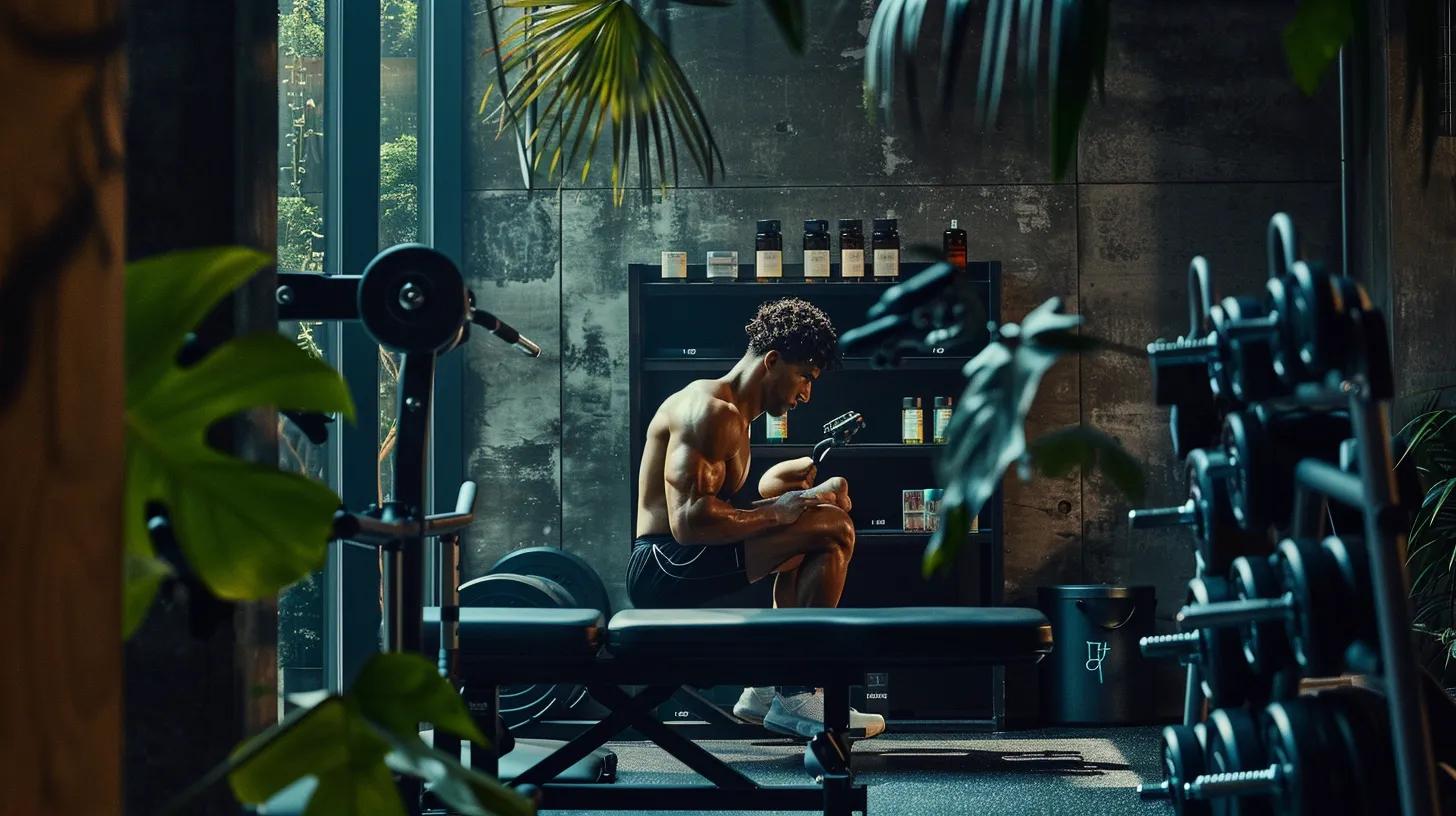 a dynamic gym setting features a determined athlete using advanced fitness equipment, with cbd products prominently displayed on a sleek table nearby, emphasizing the synergy between enhanced performance and recovery support.