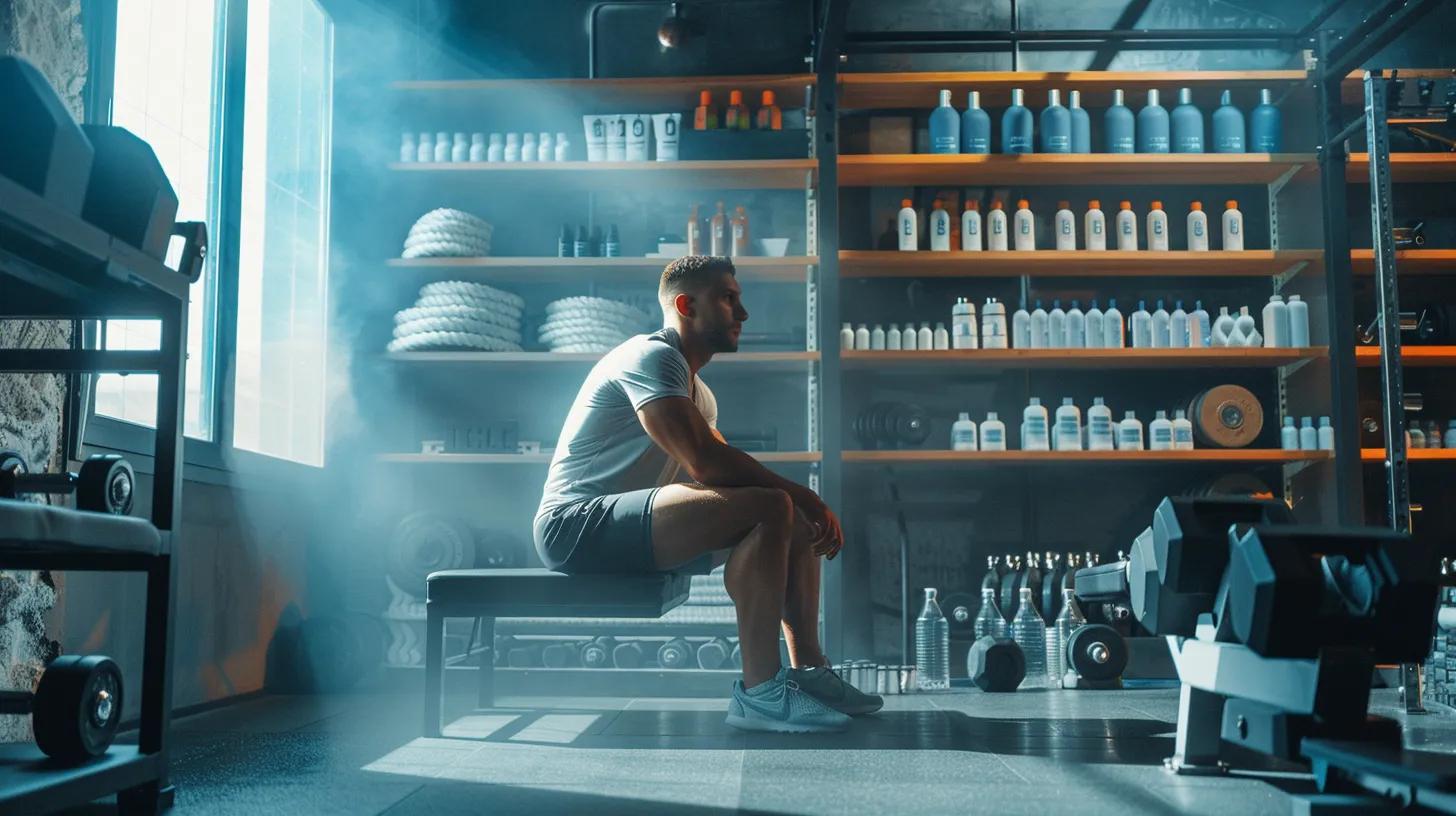 a focused athlete in a sleek, modern gym environment leans against a weight bench, embodying mental clarity and stress relief, surrounded by subtle hints of cbd-themed products on a nearby vibrant shelf.