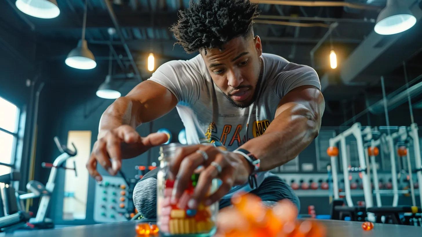 a focused athlete in a modern gym setting is reaching for a vibrant jar of cbd gummies, surrounded by workout gear and motivational posters that highlight the benefits of enhanced performance and stress recovery.