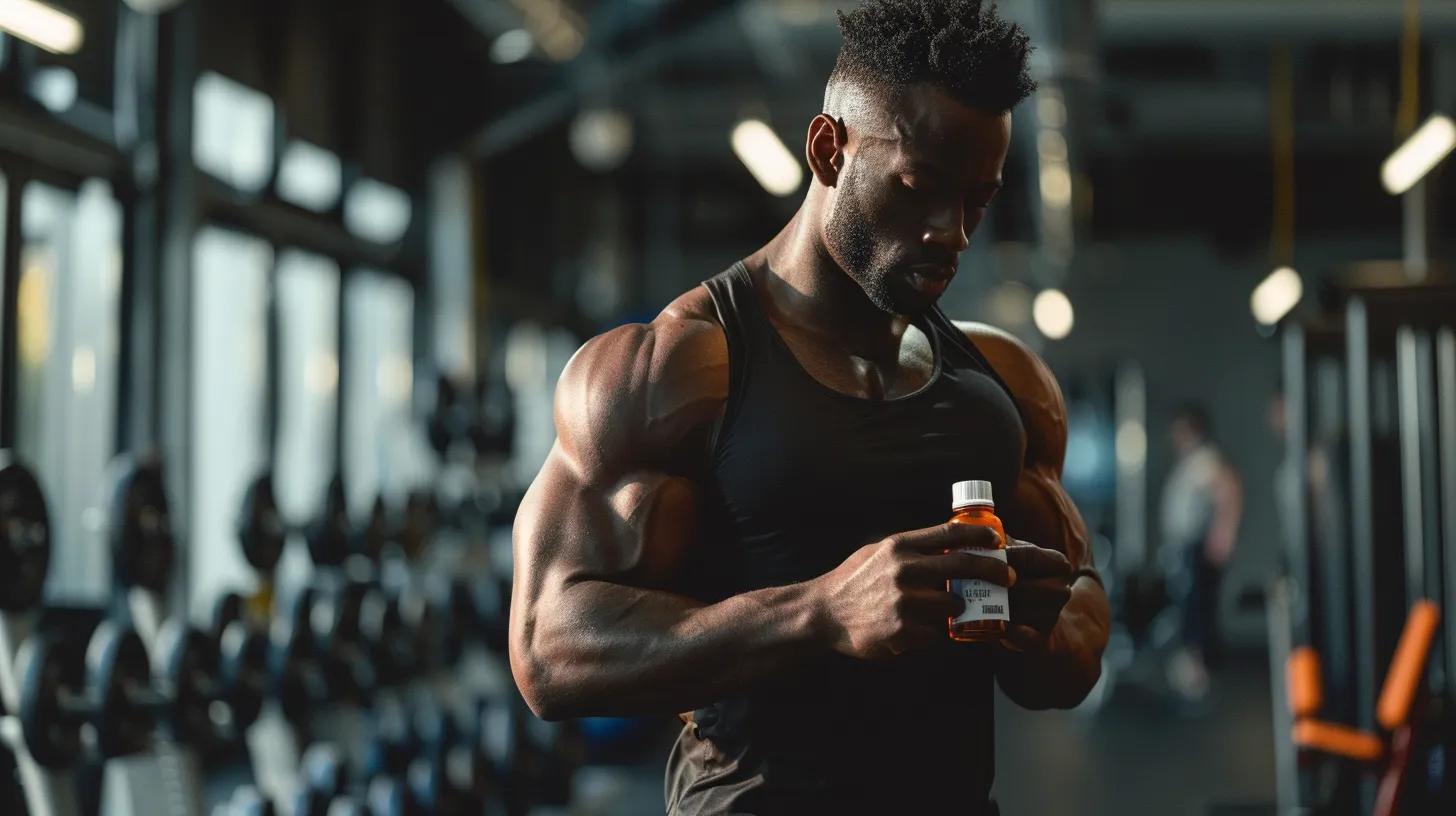 a focused athlete stands in a sleek, modern gym surrounded by fitness equipment, examining a bottle of cbd oil with an analytical expression, symbolizing the intersection of wellness and sports regulation.