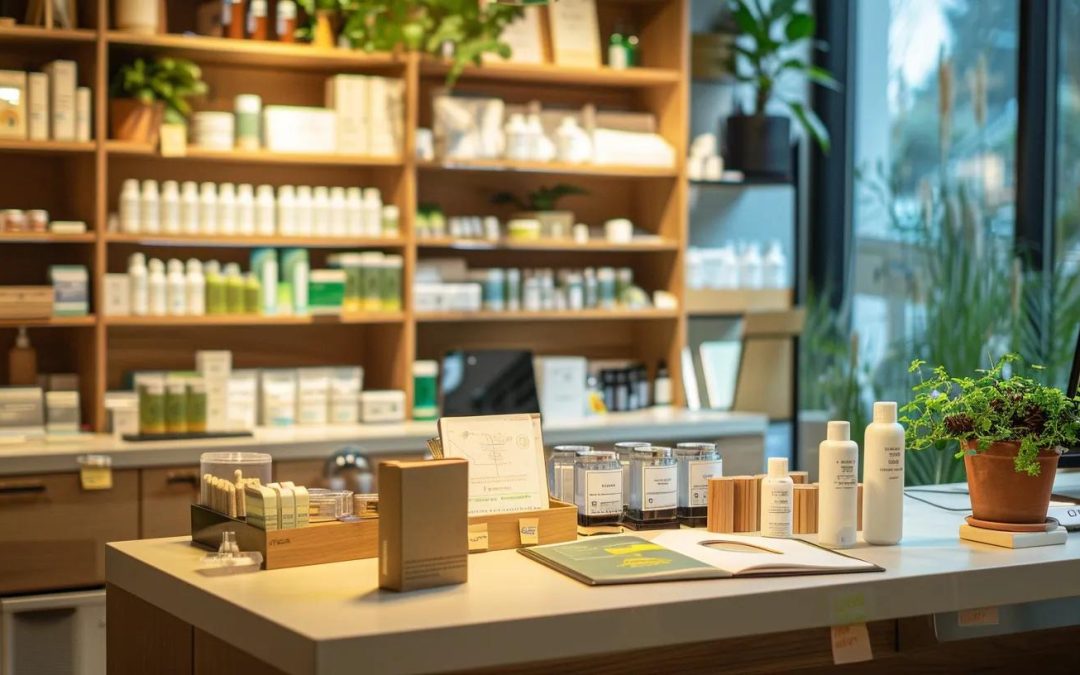 a modern office space features a well-organized desk with a neatly displayed array of cbd products, emphasizing an informative guidebook on recommended dosage for beginners, all illuminated by warm, focused lighting.
