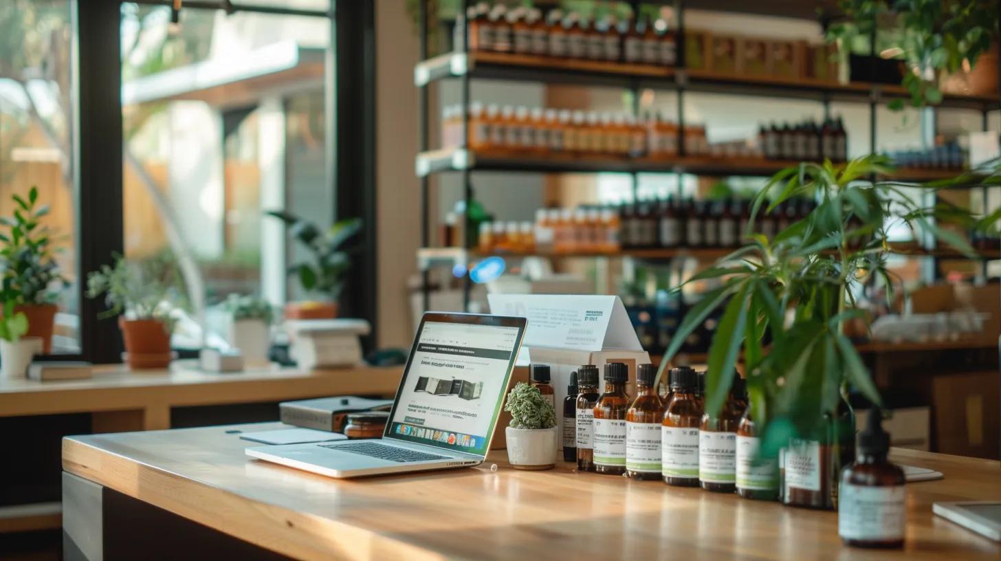 a modern, well-lit office space features a sleek wooden desk with an open laptop displaying a clear cbd product webpage, surrounded by various high-quality cbd products neatly arranged, emphasizing their detailed packaging and dosage information.
