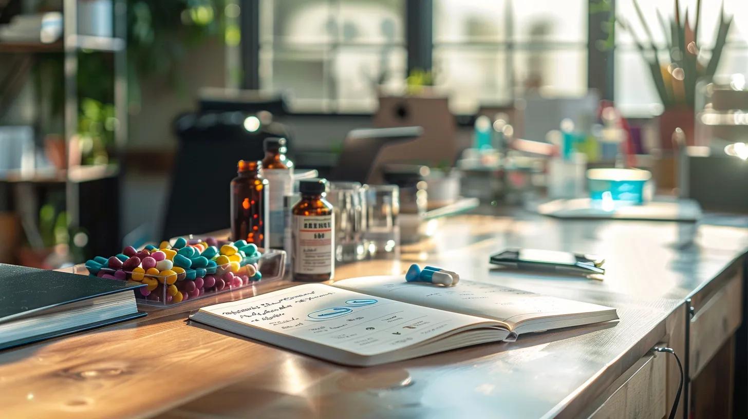 a sleek, modern office desk is adorned with an open notebook featuring dosage guidelines for cbd gummies, alongside a vibrant assortment of the gummies in a clear jar and various prescription bottles, under clean, bright lighting that highlights the professionalism of health and wellness discussions.