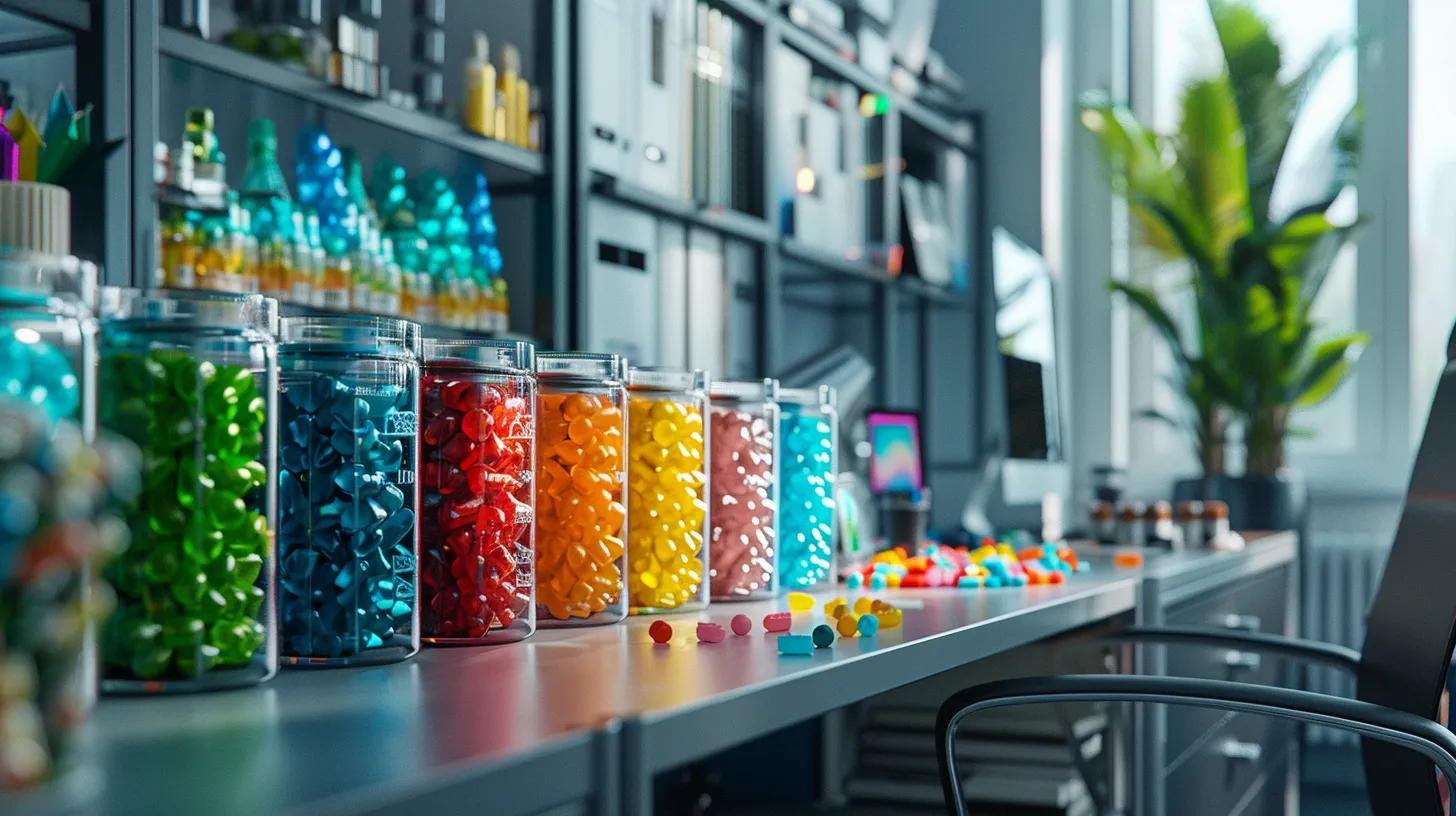 a sleek, modern office workstation displays an array of colorful cbd gummies in decorative jars, highlighting their role as a contemporary solution for anxiety relief against a backdrop of calming, minimalist décor.