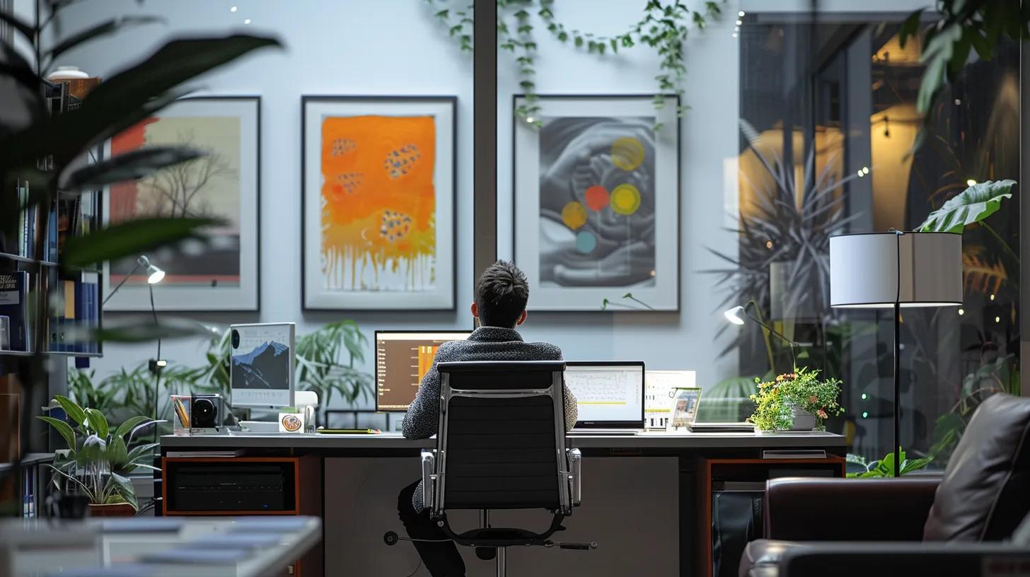 a sleek, modern office filled with contemporary art and calming, muted colors, featuring a focused individual immersed in a deep study of neurological diagrams and cbd-related research on a laptop screen, embodying tranquility and concentration amidst a sophisticated urban backdrop. a sleek, modern office filled with contemporary art and calming, muted colors, featuring a focused individual immersed in a deep study of neurological diagrams and cbd-related research on a laptop screen, embodying tranquility and concentration amidst a sophisticated urban backdrop.