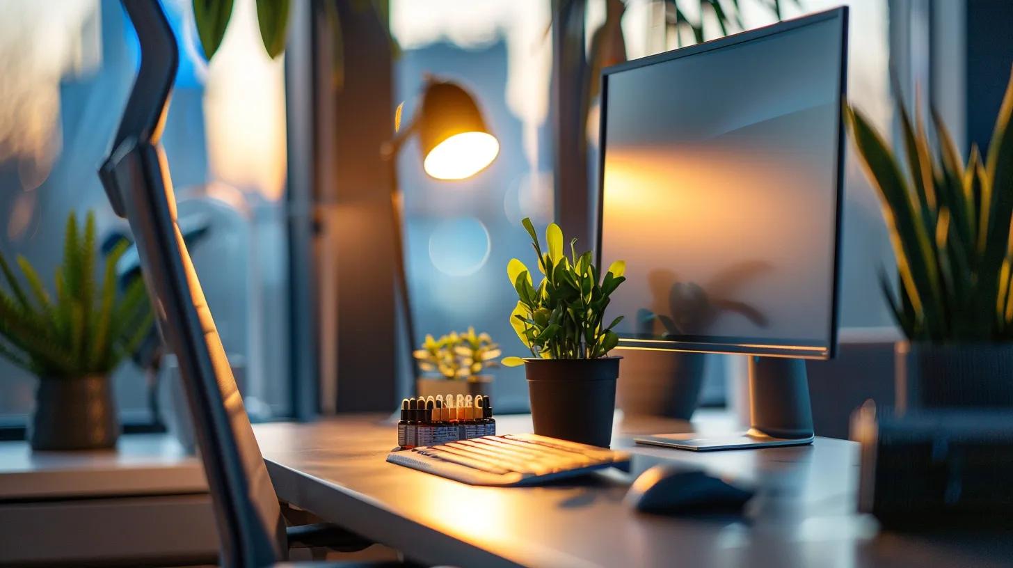 a sleek, modern office workspace is illuminated by soft artificial lighting, featuring an elegant display of athletewell cbd gummies on a minimalist desk, emphasizing their role in enhancing athletic recovery and mental wellness.