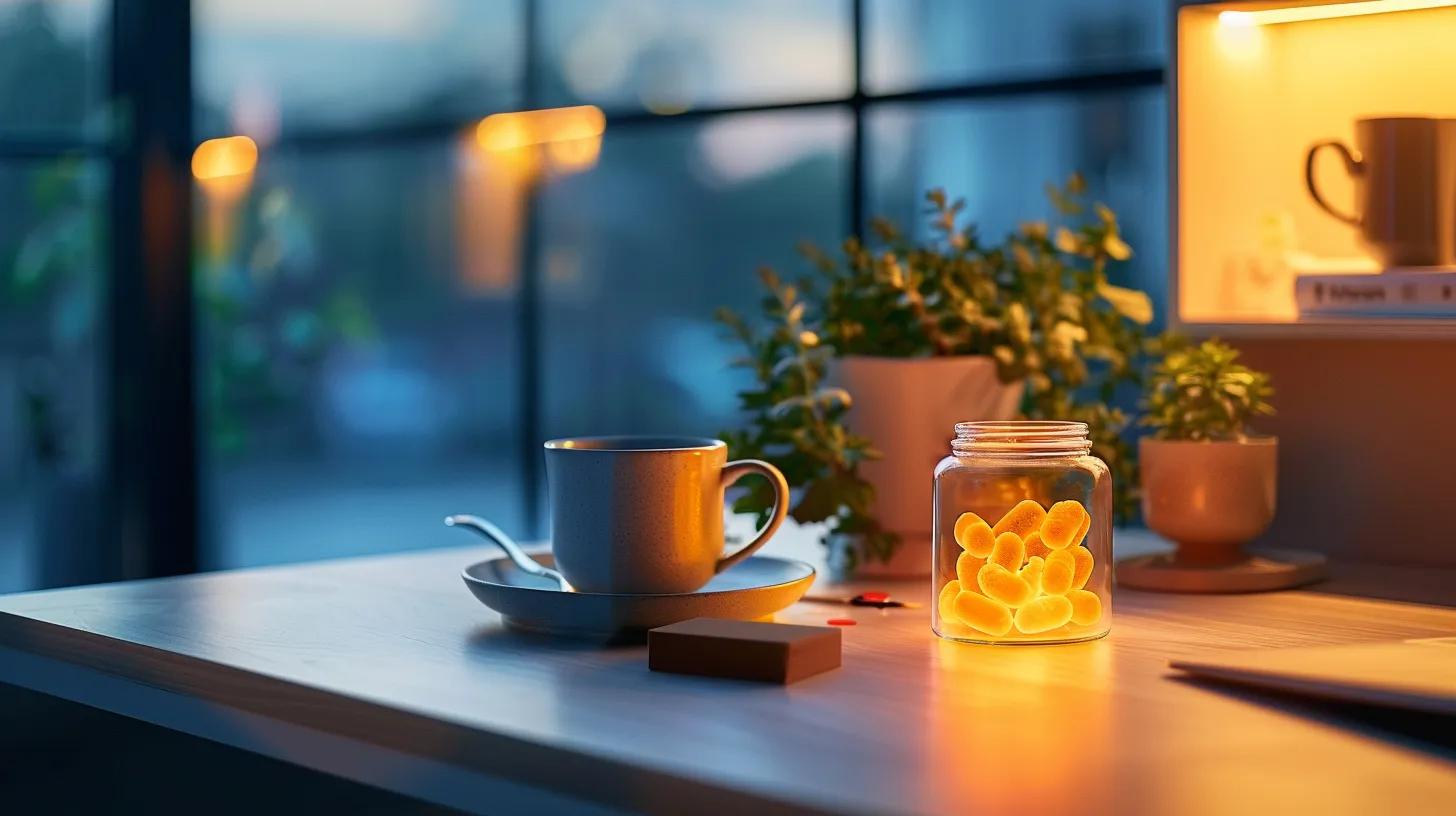 a sleek, modern office desk is set with softly lit cbd gummies in a stylish jar, alongside a calming herbal tea, emphasizing a serene environment conducive to relaxation and improved sleep.