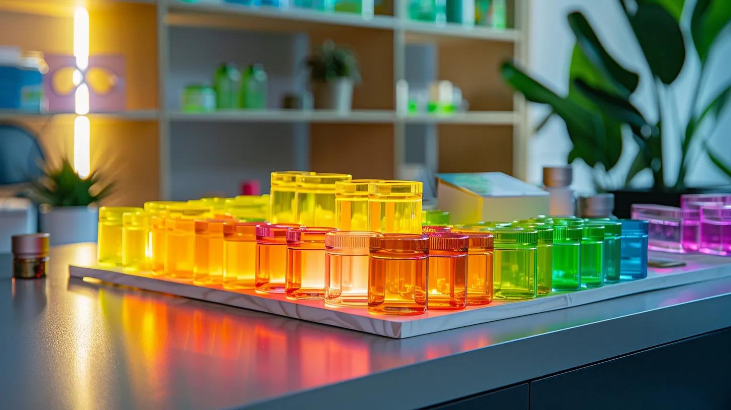 a sleek, modern office setting showcases an array of vibrant cbd gummy containers neatly arranged on an elegant desk, illuminated by soft, focused lighting that enhances their appealing colors and textures, conveying a sense of relaxation and wellness.