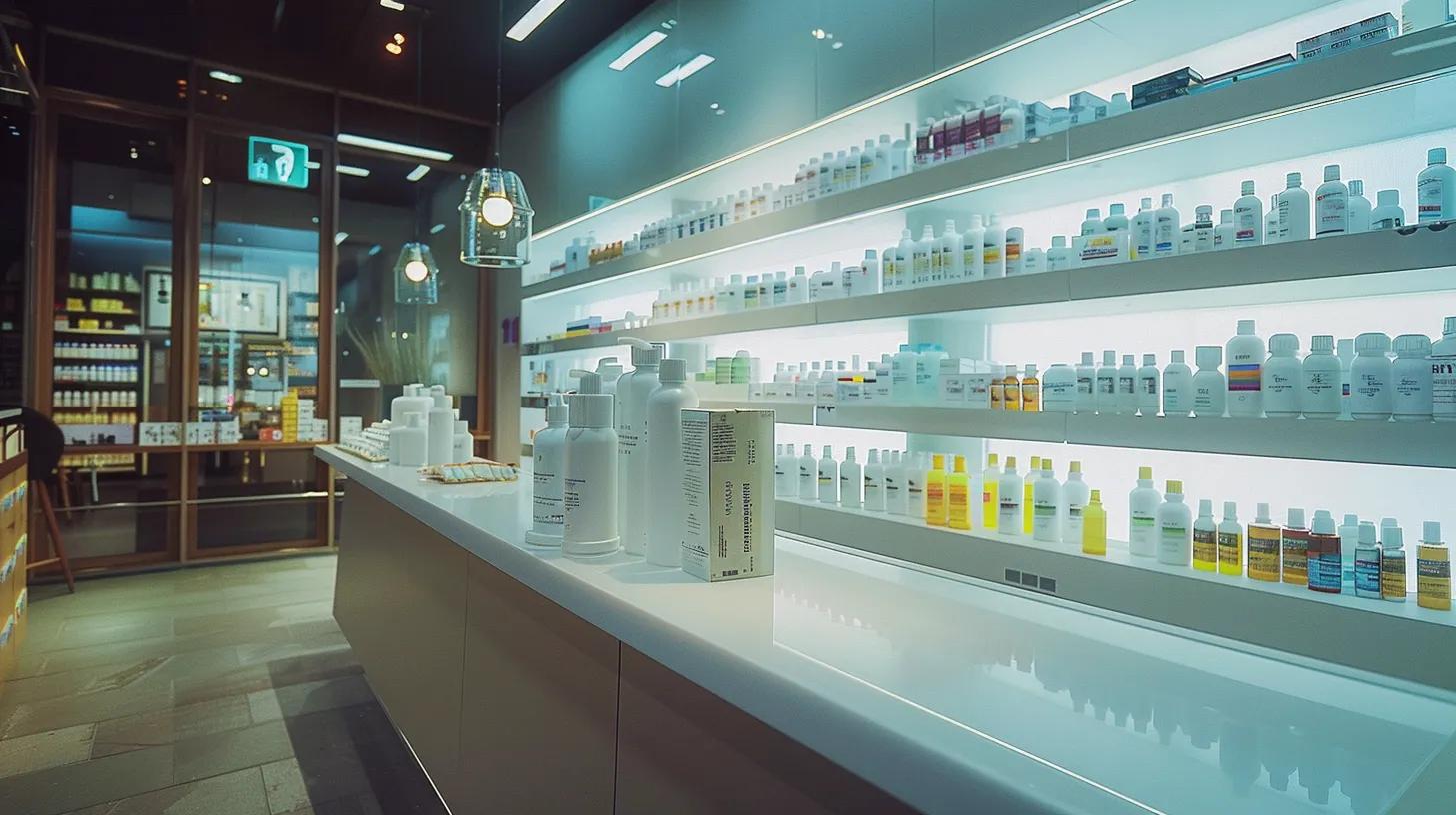 a sleek, modern pharmacy setting featuring a clear glass counter with a variety of medication bottles and a digital display panel showing the interaction of cbd with medications, illuminated by bright, clinical lighting to emphasize the importance of informed pharmaceutical care.