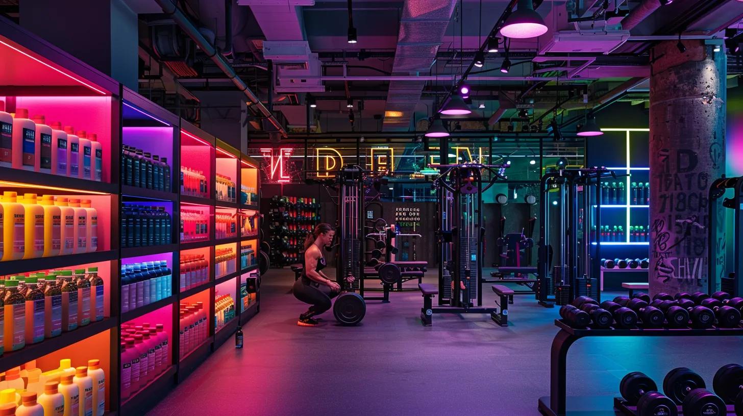 a vibrant fitness studio showcases an athlete preparing for a workout, surrounded by an array of colorful cbd product containers, emphasizing their integration into a personalized fitness regimen amidst dynamic gym equipment and bold motivational posters.