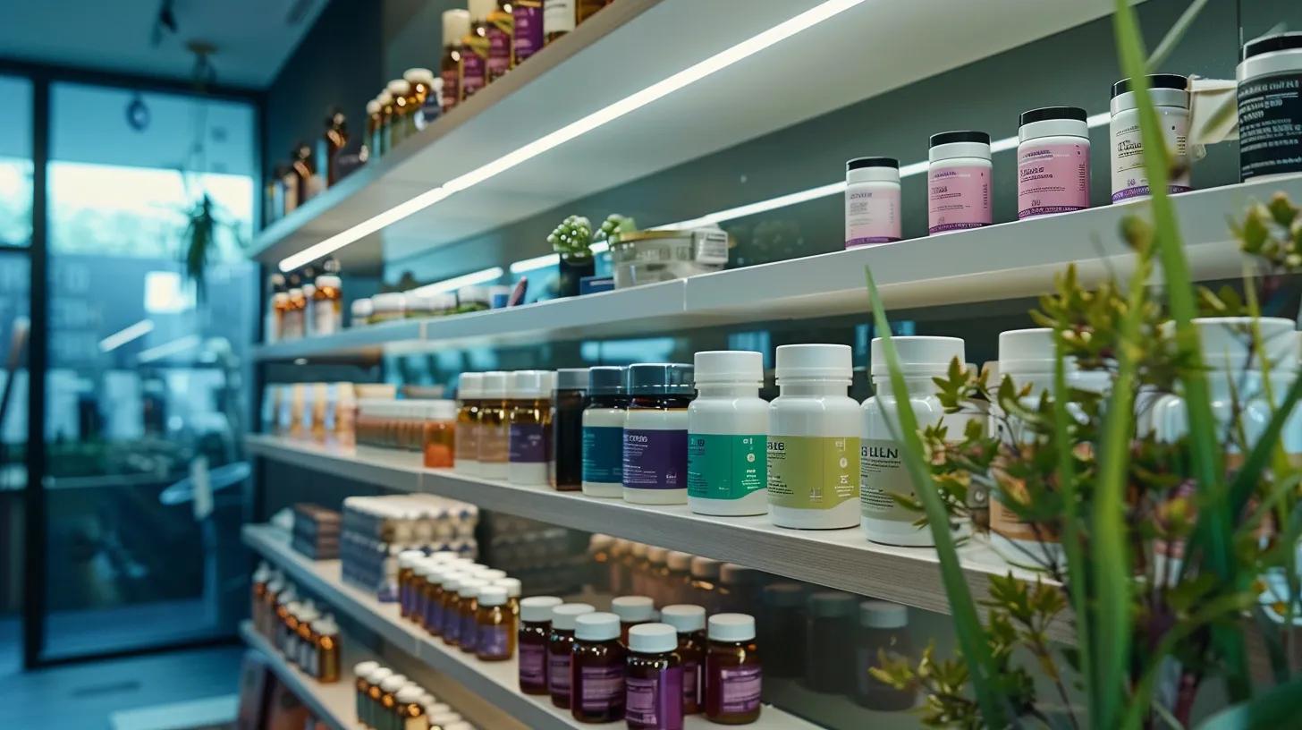 an upscale, modern office interior with sleek shelves displaying elegantly packaged high-quality cbd gummies, illuminated by bright, focused lighting that highlights the products' labels, emphasizing their purity and potency for athletes.