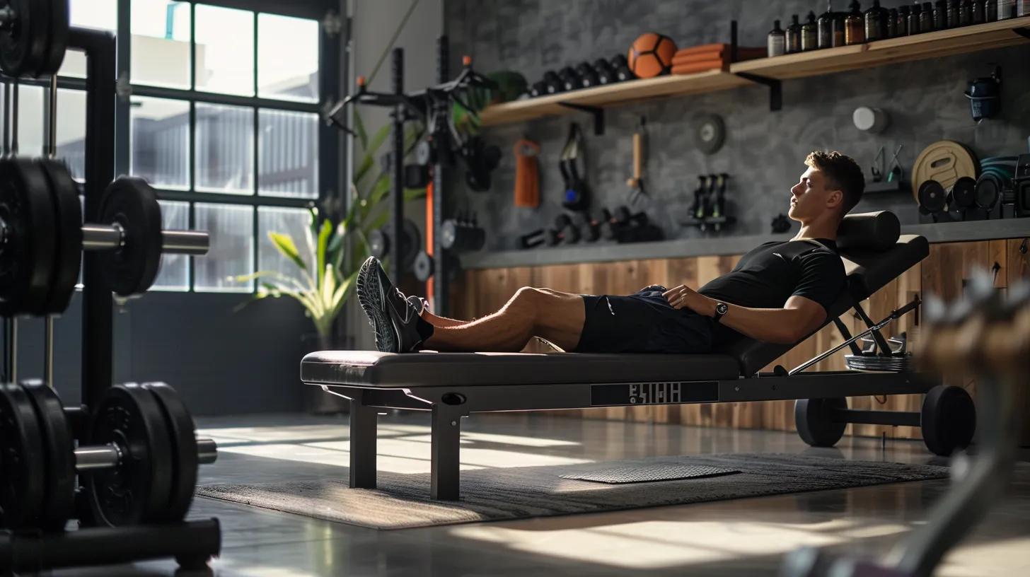 inside a modern athletic training facility, a focused athlete relaxes on a sleek recovery bench, surrounded by high-tech fitness equipment, while displaying a bottle of cbd oil prominently on a nearby shelf, emphasizing the potent benefits of cbd in enhancing recovery and performance.