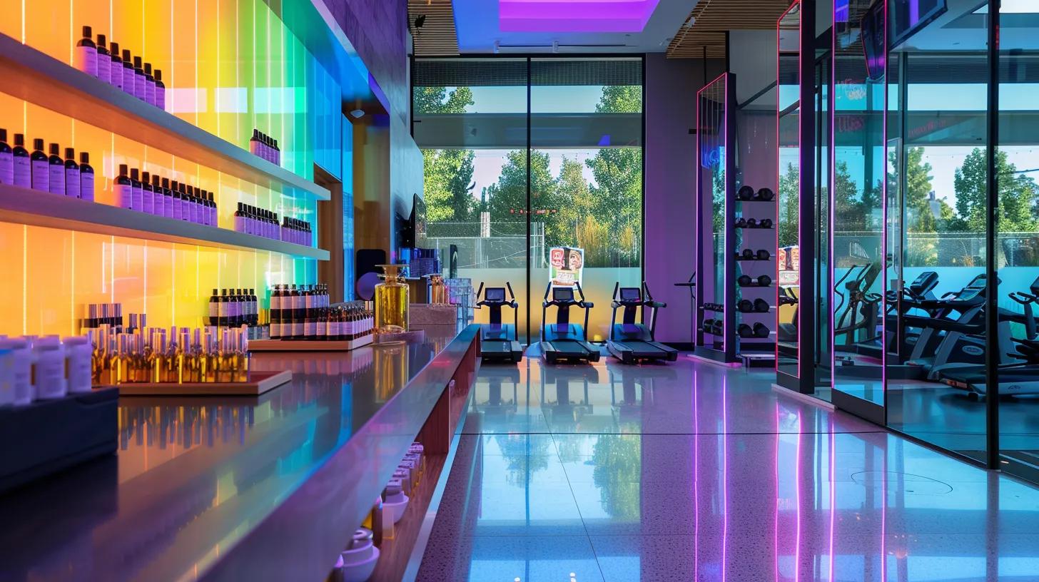 a sleek, modern gym interior, featuring vibrant, high-tech fitness equipment and a visually appealing display of various cbd product bottles arranged on a polished countertop, emphasizing the connection between optimal workout performance and cutting-edge wellness solutions.