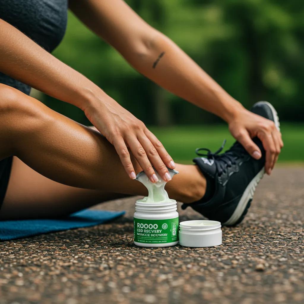 Athlete using CBD products for muscle recovery in a natural outdoor setting